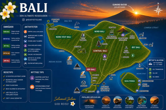 Kart over Bali med de viktigste destinasjonene og områdene 2026